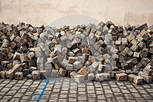 Heaps of cobblestones, pavement construction, Prague.