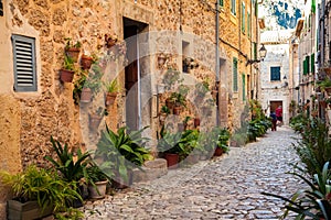 Heaps of flower pots in small village Valldemossa