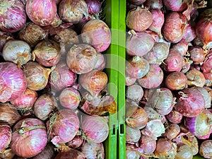 Heaps of raw organic onions kept in a basket