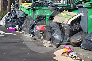 heaps of rubbish bags and garbage containers over bicycle lanes