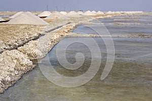 Heaps of salt on Sambhar Salt Lake. India