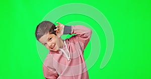 Hear, green screen and child listening for a loud sound, audio and isolated in a studio background. Portrait, noise and