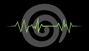 Hearbeat green line with dark background. Vector isolated illustration. Abstract wave. Pulse red vector trace. EKG cardio line red