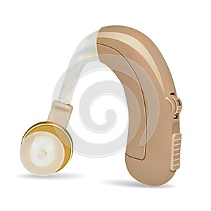 Hearing aid behind the ear. Sound amplifier for patients with hearing loss. Treatment and prosthetics in otolaryngology