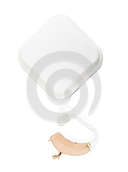 Hearing aid with box closed on white isolated background