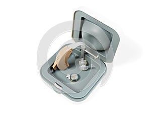 Hearing aid in a box on a white isolated background