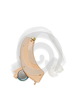 Hearing aid close-up on white isolated background