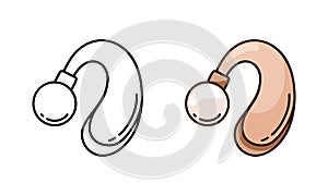 Hearing aid doodle icon. Linear and color version. Black simple illustration of BTE or hearing enhancer. Contour isolated vector photo