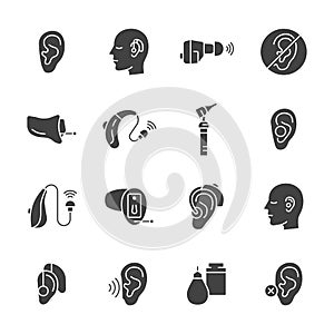 Hearing aid glyph icon set. Hearing problem sign. Vector collection with ear, symbol of deafness, hearing aid, otoscope