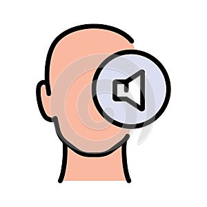 Hearing aid on human ear, flat icon, head. Multimedia adjusting symbol. Isolated Vector Illustration