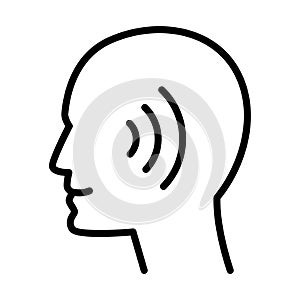 Hearing aid on human ear, linear icon, head