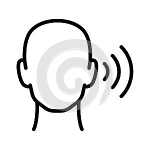 Hearing aid on human ear, linear icon, head