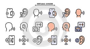 Hearing aid icons set. Editable stroke. Volume booster for ears, for the deaf old and young. For better hearing icon collection