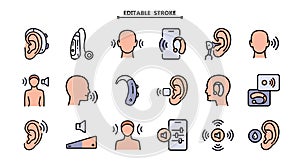 Hearing aid icons set. Editable stroke. Volume booster for ears, for the deaf old and young. For better hearing, icon collection