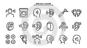 Hearing aid icons set. Editable stroke. Volume booster for ears, for the deaf old and young. For better hearing, icon collection