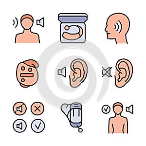 Hearing aid icons set. Volume booster for ears, for the deaf old and young. For better hearing, icon collection