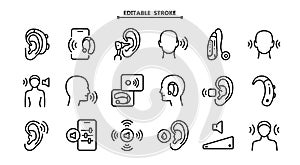 Hearing aid icons set. Volume booster for ears, for the deaf old and young. For better hearing, simple icon collection