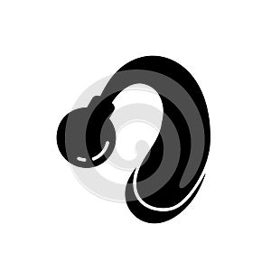 Hearing aid silhouette icon. Black simple illustration of BTE or hearing enhancer. Contour isolated vector pictogram on white photo