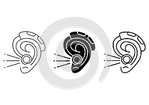 Hearing amplifier. Acoustic sound enhancer in outline and glyph style. Hearing loss therapy. Amplification, assistive listening