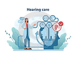 Hearing Care Overview. A comprehensive vector illustration of an audiologist with icons representing auditory.