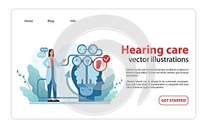 Hearing Care Overview. A comprehensive vector illustration of an audiologist with icons representing auditory.