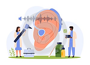 Hearing disease, deafness, diagnosis of otolaryngology and audiology by tiny people