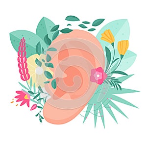 Hearing health care, audiology therapy, human ear with wild flowers and green plants photo