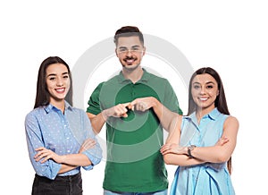 Hearing impaired people showing word FRIEND on sign language isolated