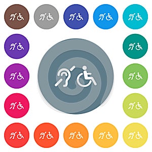 Hearing impaired and wheelchair symbols flat white icons on round color backgrounds