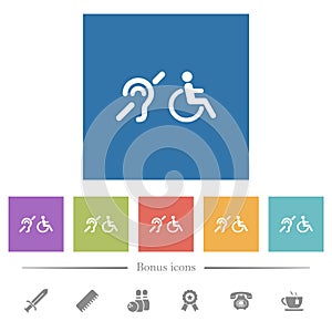 Hearing impaired and wheelchair symbols flat white icons in square backgrounds