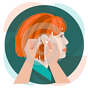 Hearing loss concept.Doctor's hands putting a hearing aid on the ear vector illustration.