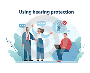 Hearing Protection Use. Engaging vector illustration showcasing individuals using.