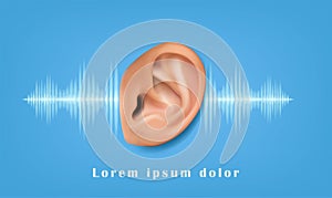 Hearing test banner background. Realistic vector icon of human ear
