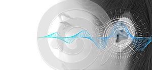 Hearing test showing ear of young woman with sound waves simulation technology