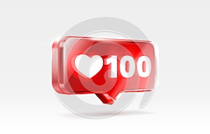 Heart 100 like icon, sign follower 3d banner, love post social media. Vector