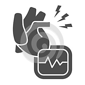 Heart ache solid icon, Body pain concept, heart attack sign on white background, heart organ and cardiogram icon in