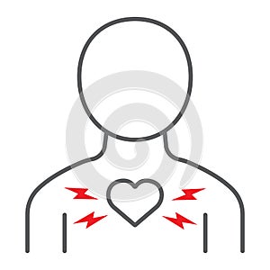 Heart ache thin line icon, body and pain, heart attack sign, vector graphics, a linear pattern on a white background.