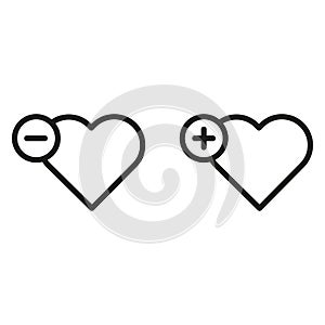 Heart add subtract symbol. Love emotion balance. Positive negative sentiment. Vector illustration. EPS 10.