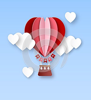 Heart air balloon. Paper cut hot air balloon with white clouds in heart shape happy valentines day invitation card