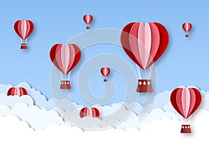 Heart air balloon. Paper cut hot air balloons origami made heart shape. Valentines day greeting invitation card vector