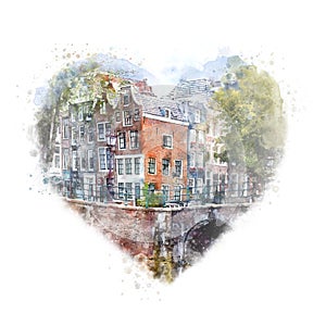 Heart of Amsterdam is the famous leaning houses and bridges. Computer generated watercolor design with brush strokes and splashes
