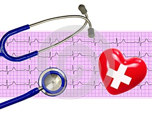 Heart analysis, electrocardiogram graph (ECG), heart and stethoscope