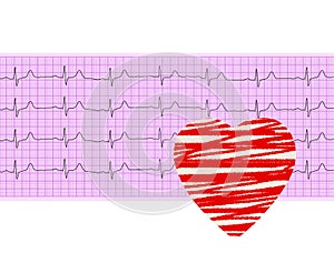 Heart analysis, electrocardiogram graph (ECG) and paper heart