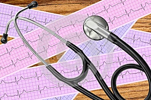 Heart analysis, electrocardiogram graph (ECG) and stethoscope