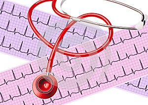 Heart analysis, electrocardiogram graph (ECG) with stethoscope