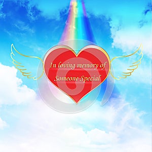 Heart with angel wings, blue sky, rainbow path, soul jouney, memorial, remembrance, commemorate, loss