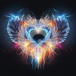 Heart with angel wings and rays of colored rainbow light black background. Heart as a symbol of affection and