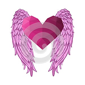 Heart with angel wings. Valentines day banner, placard, postcard design template. Fashion print vector. Polygonal clip art