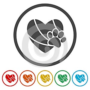 Heart with animals footprint icon, color set