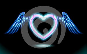 Heart anime neon with wings, blue glow radiant effect of love with space for Valentines day. Decorative holiday design, night